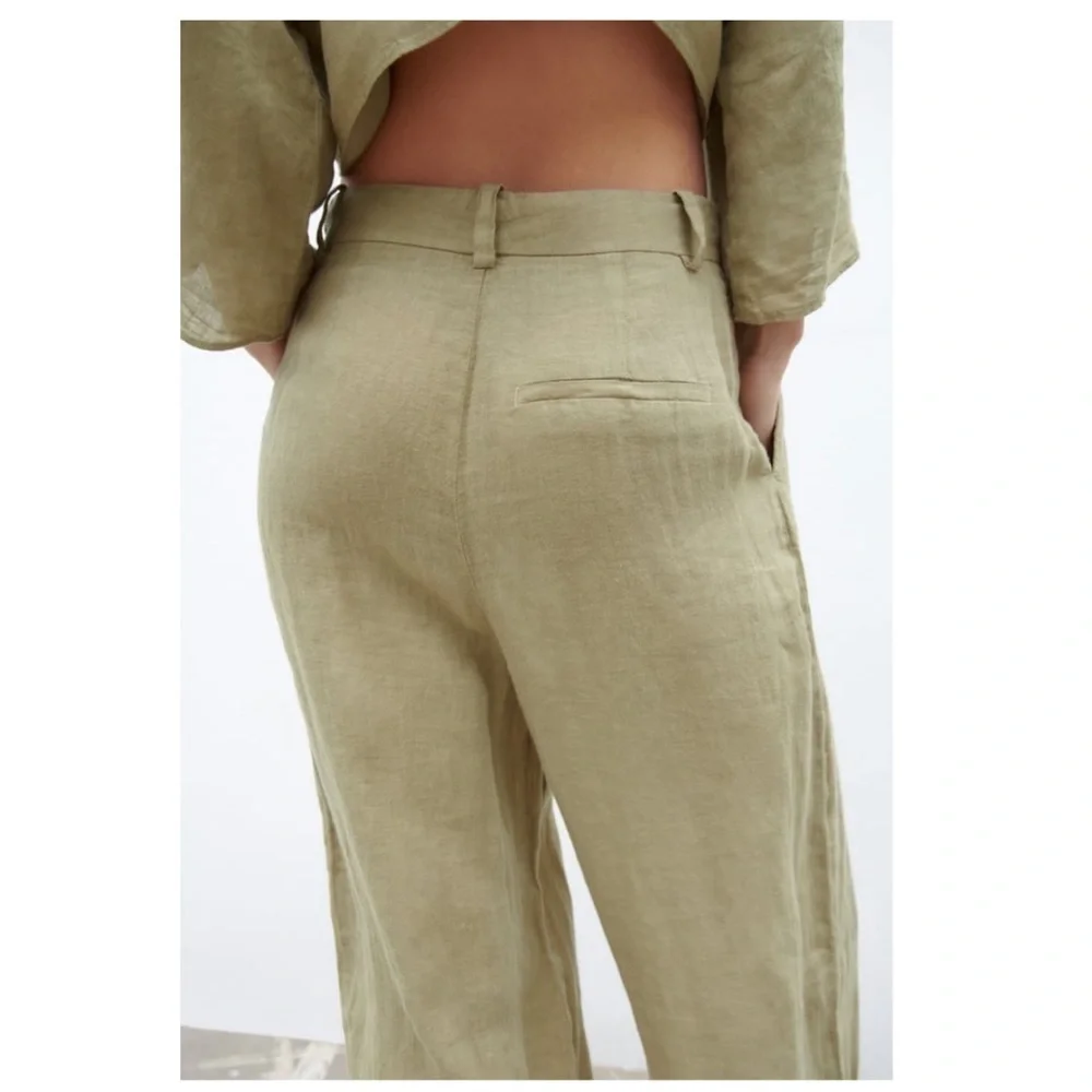 ZARA 100% Linen High Rise Wide Leg Pants in Khaki Size L New with Tags